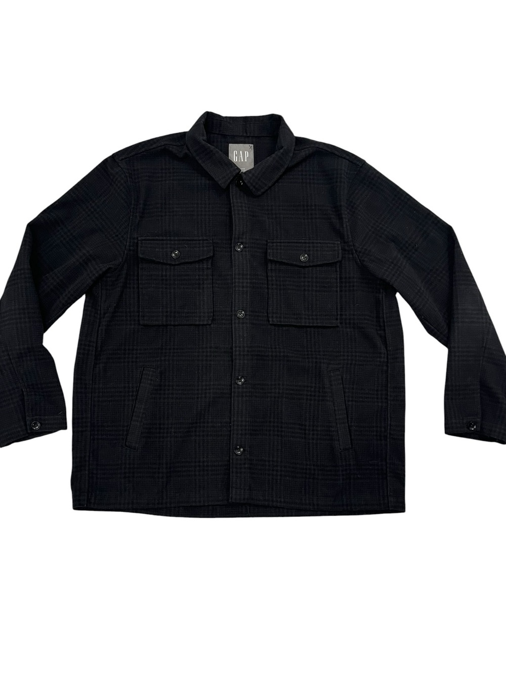 Gap Plaid Flannel Chore Shirt Jacket Men’s XL Black Wool Blend Field Overshirt
